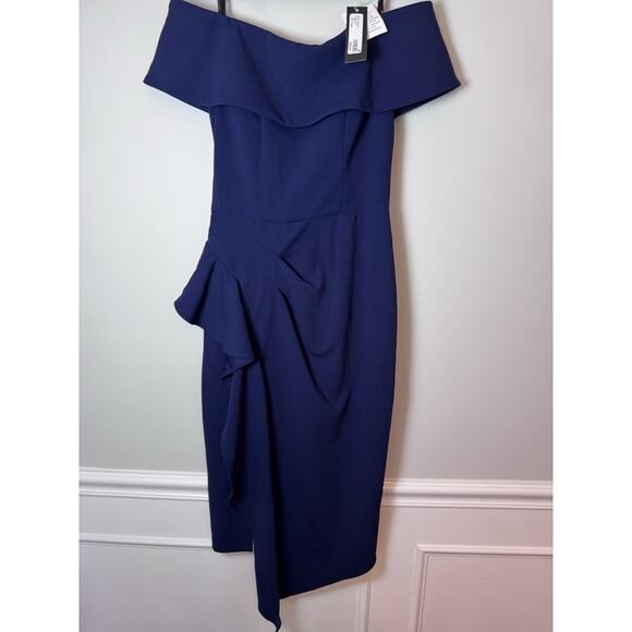 Betsy & Adam Side Pleat Ruffle Sheath Dress Navy Blue Sz 4 Style A24748 NWT $239 - Picture 3 of 16